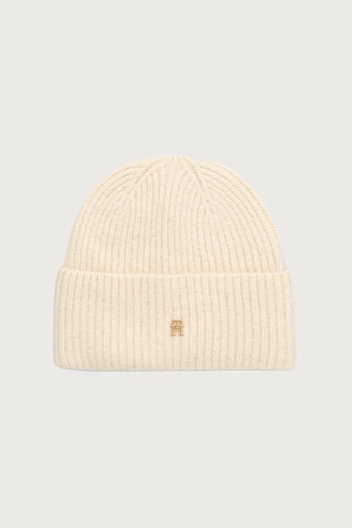 Tommy Hilfiger Czapka beanie damska z wełną beżowy AW0AW19104