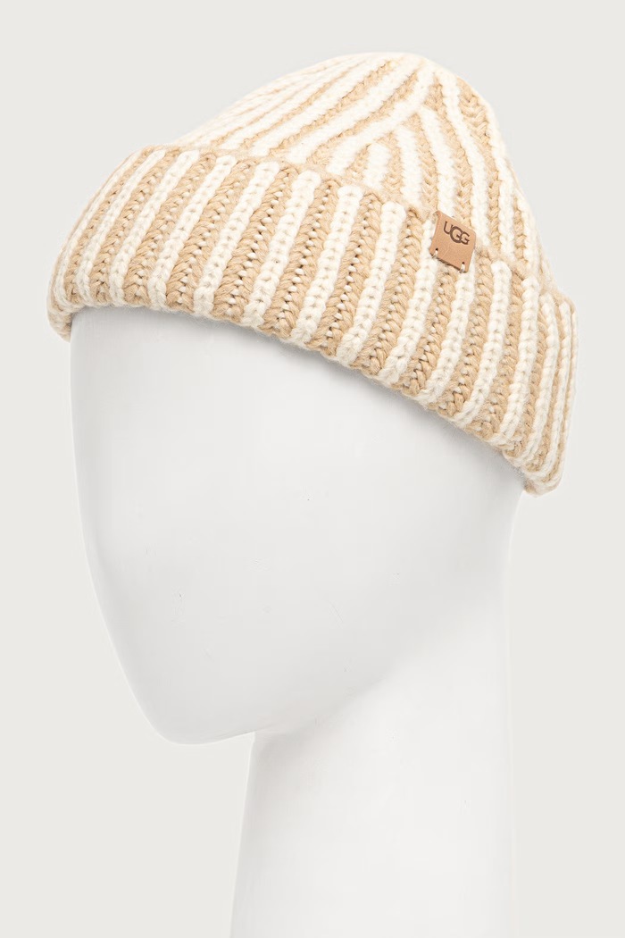 Akcesoria UGG Czapka beanie damska z dodatkiem wełny 105725 beżowy
