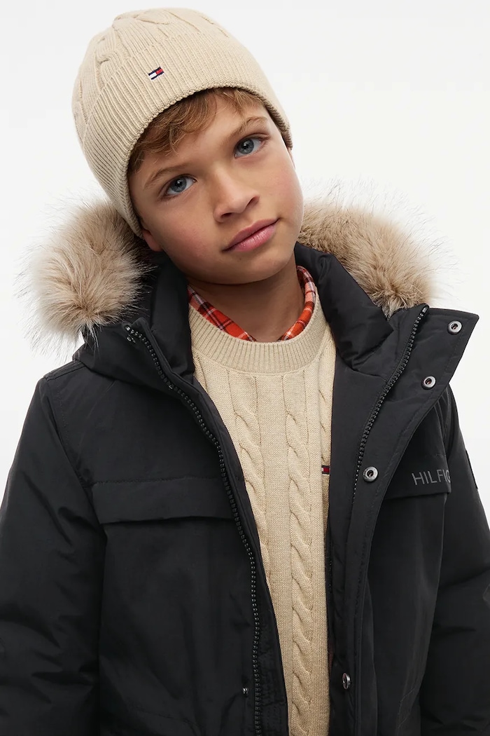 Шапка beanie за деца от памук Tommy Hilfiger бежов KA0KA00101.9BY2