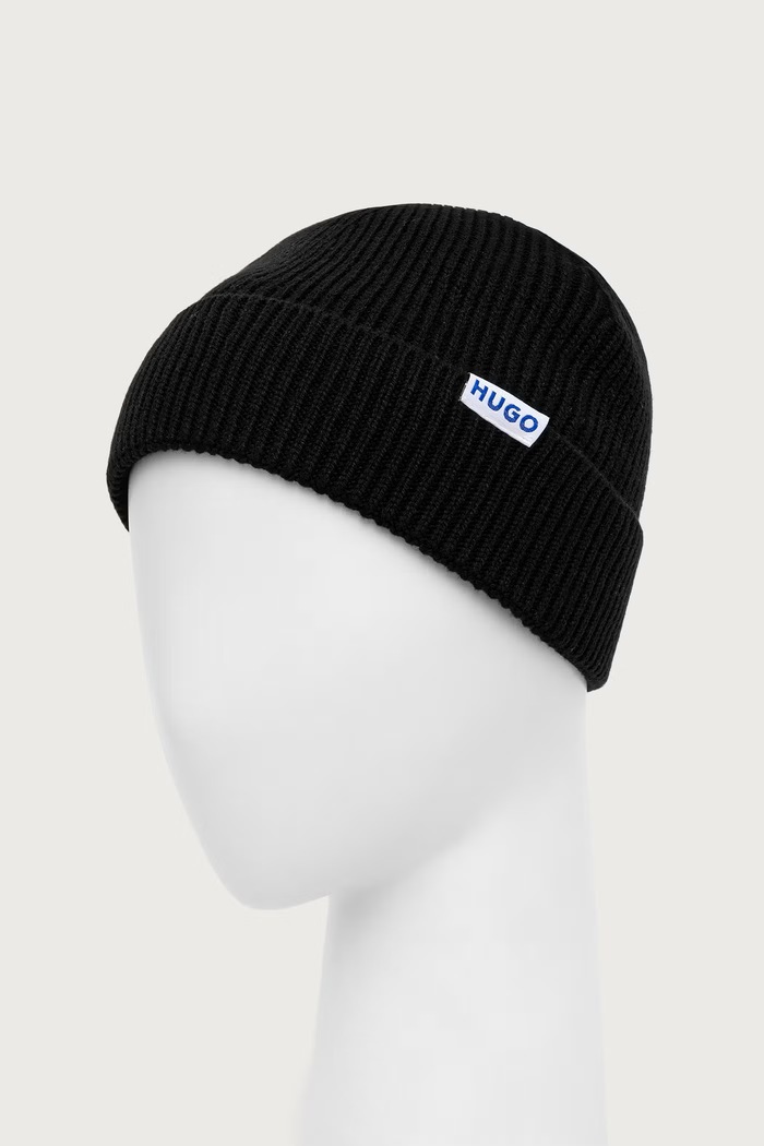 HUGO Blue Čiapka beanie pánska s vlnou Xiav_1 50572027 čierna AW26
