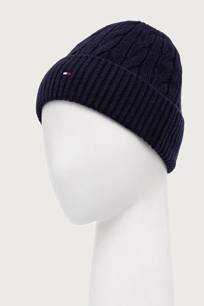 Tommy Hilfiger Beanie kapa za muškarce s vunom AM0AM14859 mornarsko plava AW26