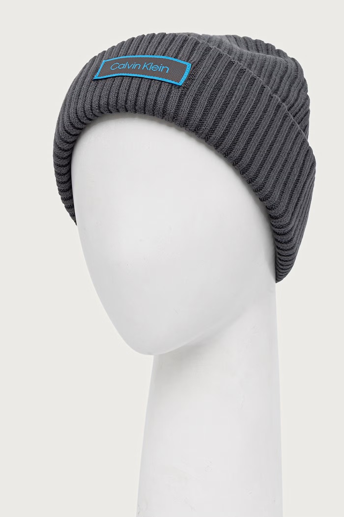 Calvin Klein čiapka beanie pánska bavlnená LV04D8104G sivá AW26