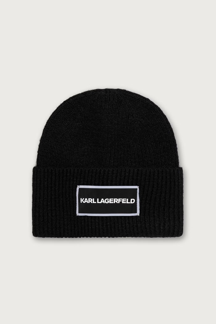 Karl Lagerfeld Beanie kapa s dodatkom vune crna B4W33013