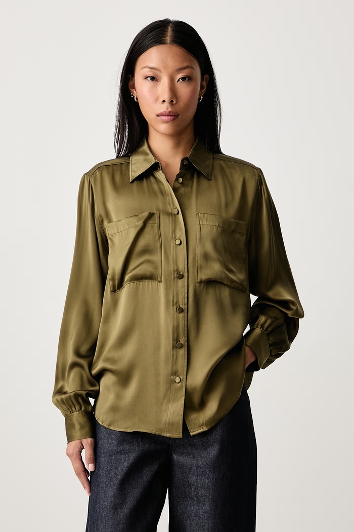 Frame THE MODERN UTILITY SHIRT cămașă din mătase pentru femei verde WS26WSH006