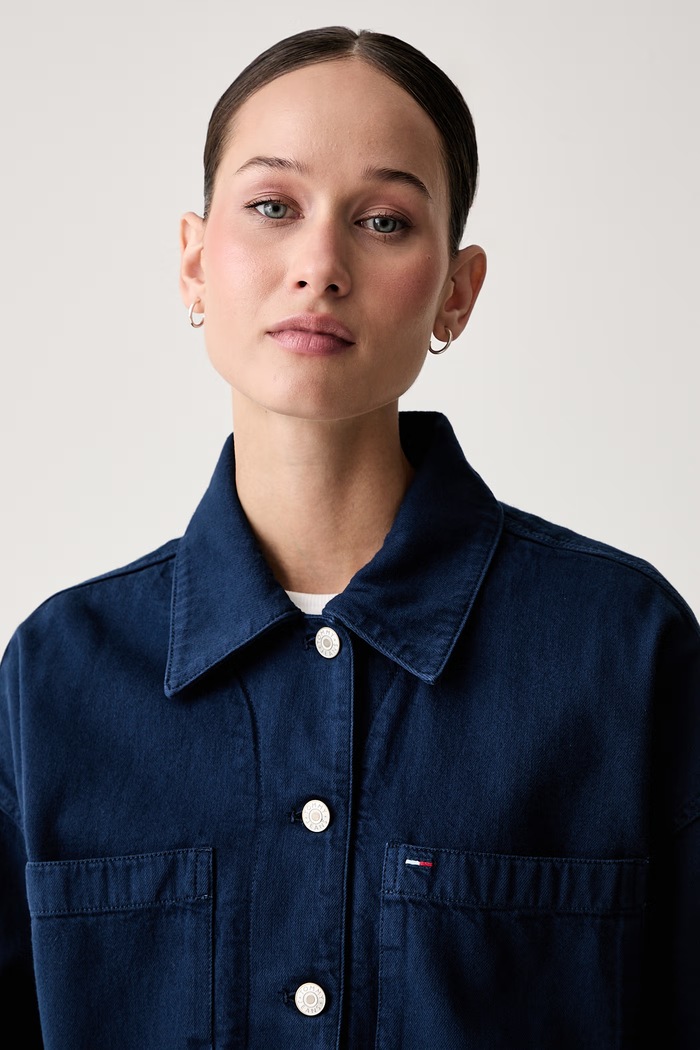 Tommy Jeans πουκάμισο γυναικείο βαμβακερό σκούρο μπλε DW0DW23489
