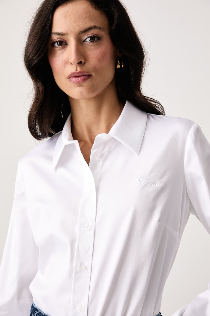 Cămașă pentru femei din bumbac cu elastan NEW CATE Guess alb W6YH10.W2752