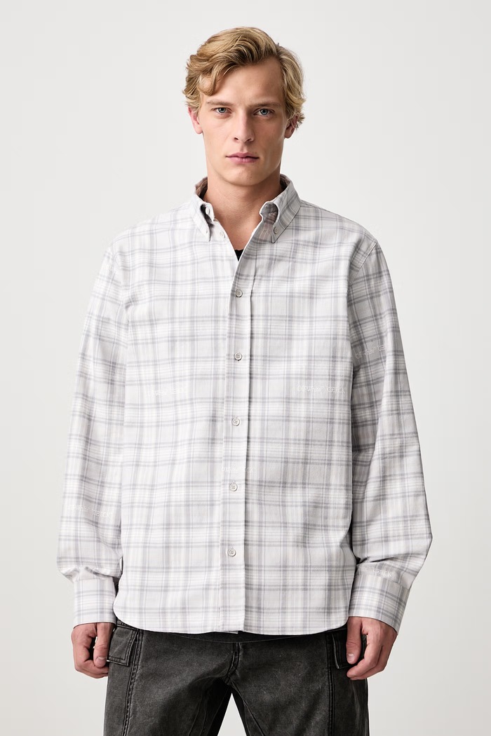 Off-White Handstyle Logo Check bluză din bumbac pentru bărbați gri 44MGE04MF26F003050