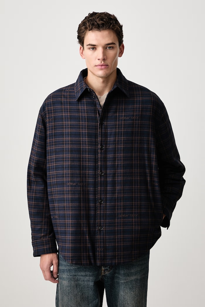 Off-White Lbl Check Flannel geacă tip cămașă din bumbac pentru bărbați bleumarin 44MES01FF26F001411