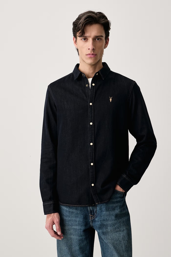 AllSaints Košeľa pánska s bavlnou GLEASON tmavomodrá M065SF