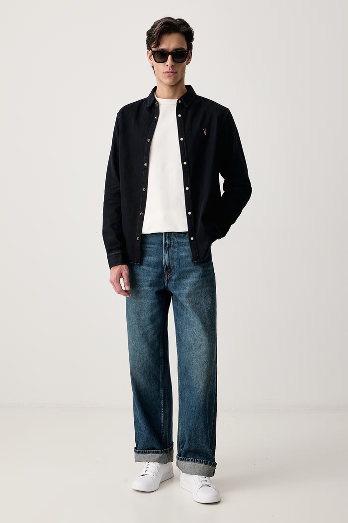AllSaints Košeľa pánska s bavlnou GLEASON M065SF tmavomodrá AW26