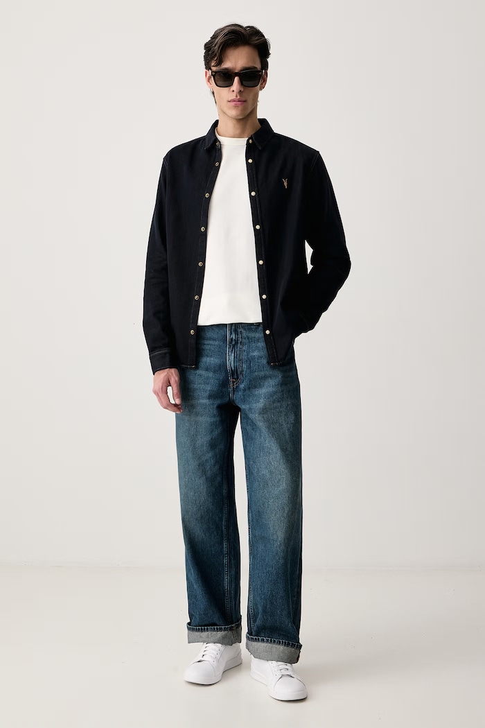 AllSaints Košeľa pánska s bavlnou GLEASON M065SF tmavomodrá AW26