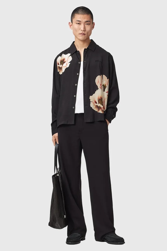 Odzież AllSaints Koszula męska z wiskozy FLORAISON LS SHIRT M045SF czarny