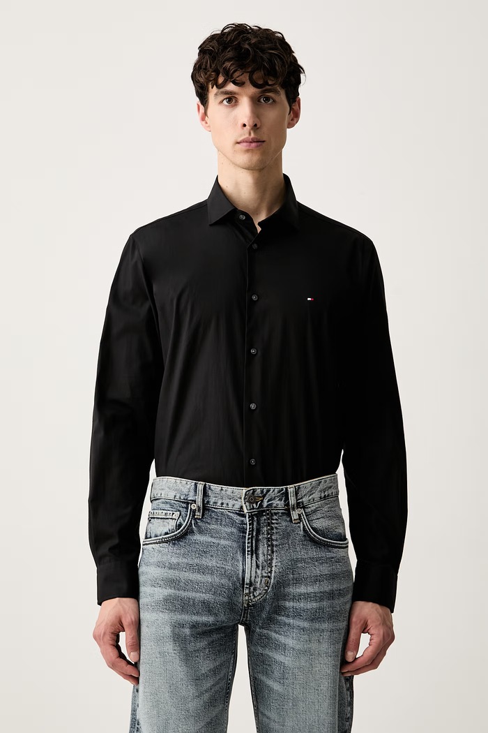 Tommy Hilfiger srajca moška z bombažem črna MW0MW43122
