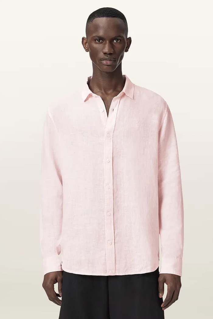 AllSaints koszula męska lniana LOOM różowy M172SC