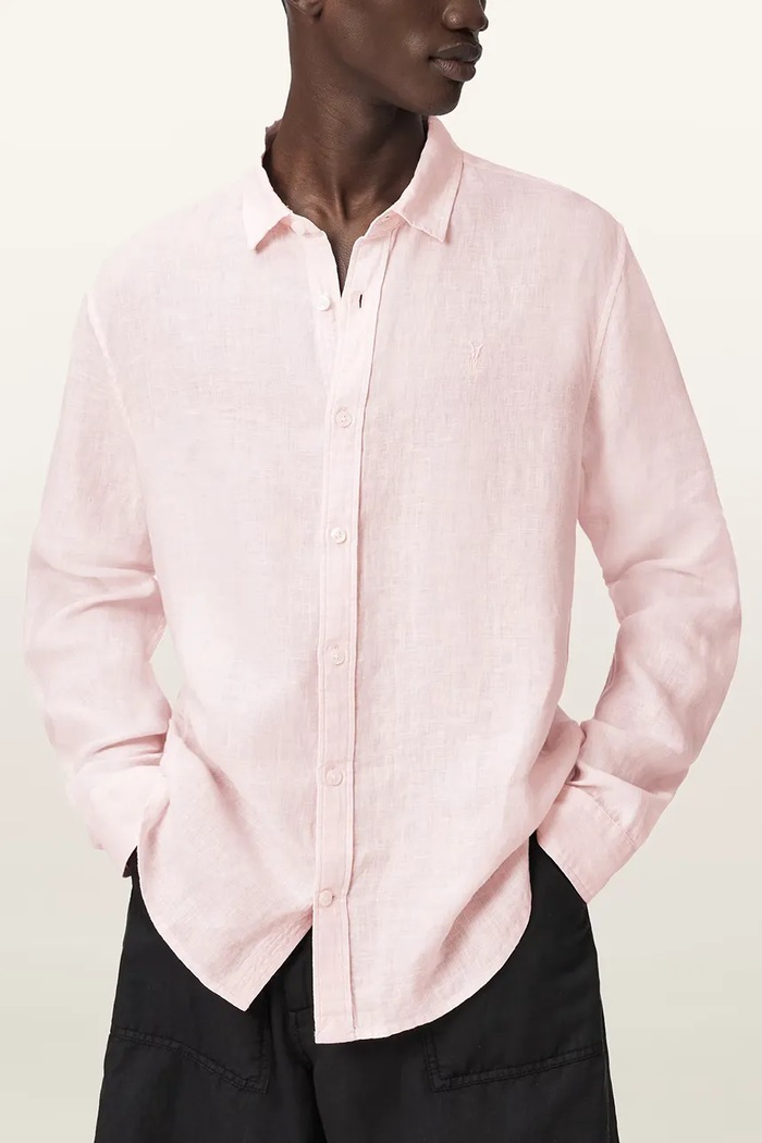 AllSaints koszula męska lniana LOOM różowy M172SC