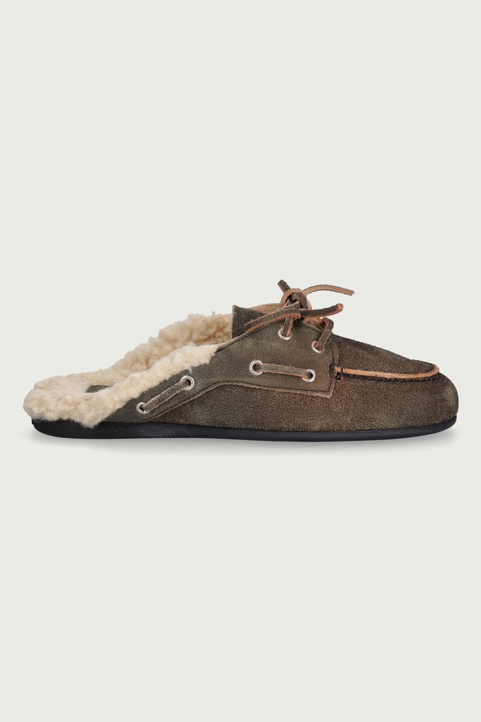 Posa Kapcie damskie zamszowe Boat Loafer Mule Fur Brushed PW50.305 zielony AW26