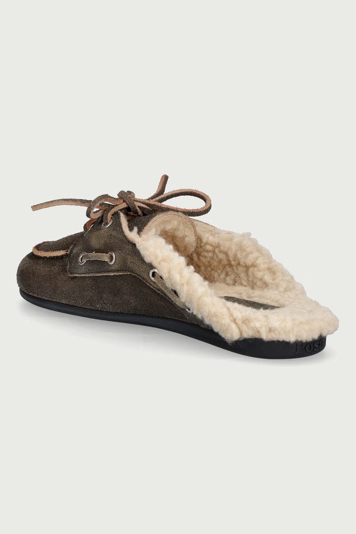 Obuwie Posa Kapcie damskie zamszowe Boat Loafer Mule Fur Brushed PW50.305 zielony