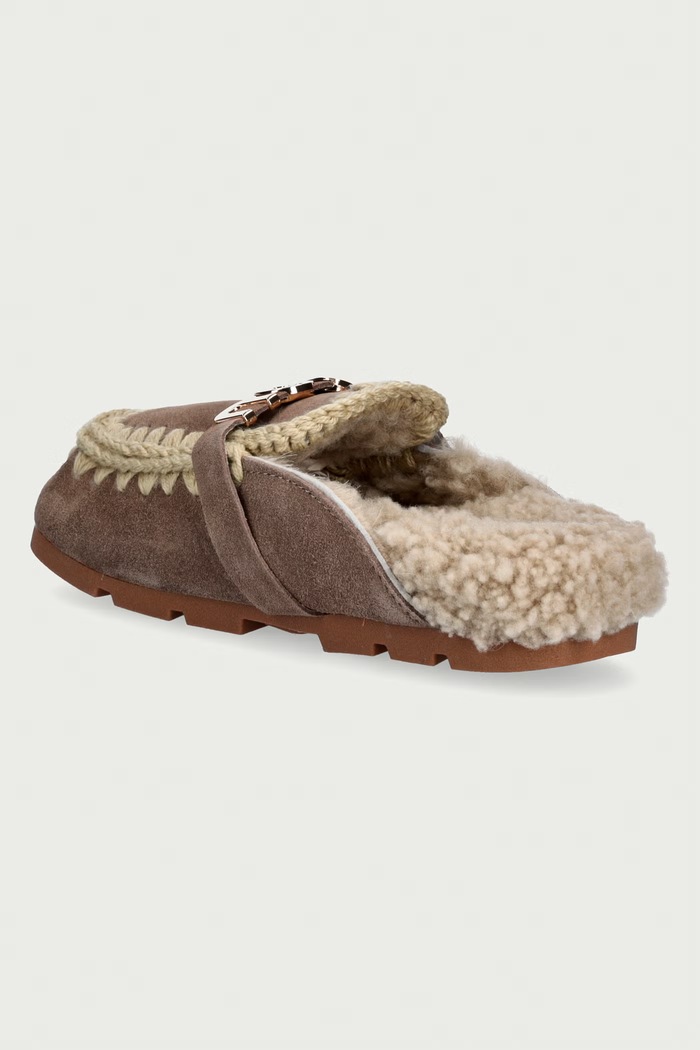 Obuwie Mou Kapcie damskie zamszowe Winter Bio Slide Logo MU.FW431000A.ELGRY beżowy