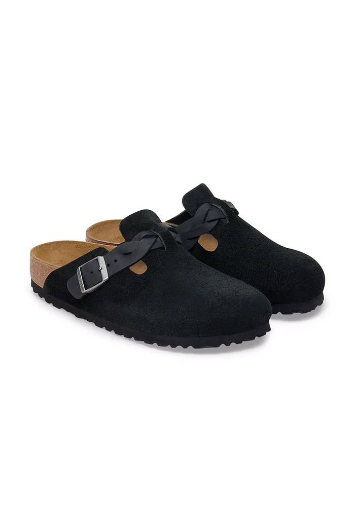 Obuwie Birkenstock Boston Braided LEOI/LEVE klapki mules damskie zamszowe 1030561 czarny