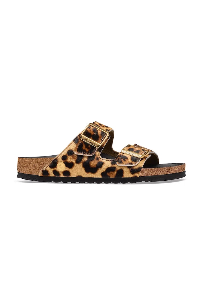 Birkenstock Arizona FUR Leo Natural HEX klapki na płaskim obcasie damskie skórzane brązowy 1032839