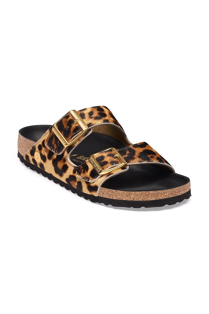Birkenstock Arizona FUR Leo Natural HEX klapki na płaskim obcasie damskie skórzane 1032839 brązowy AW26