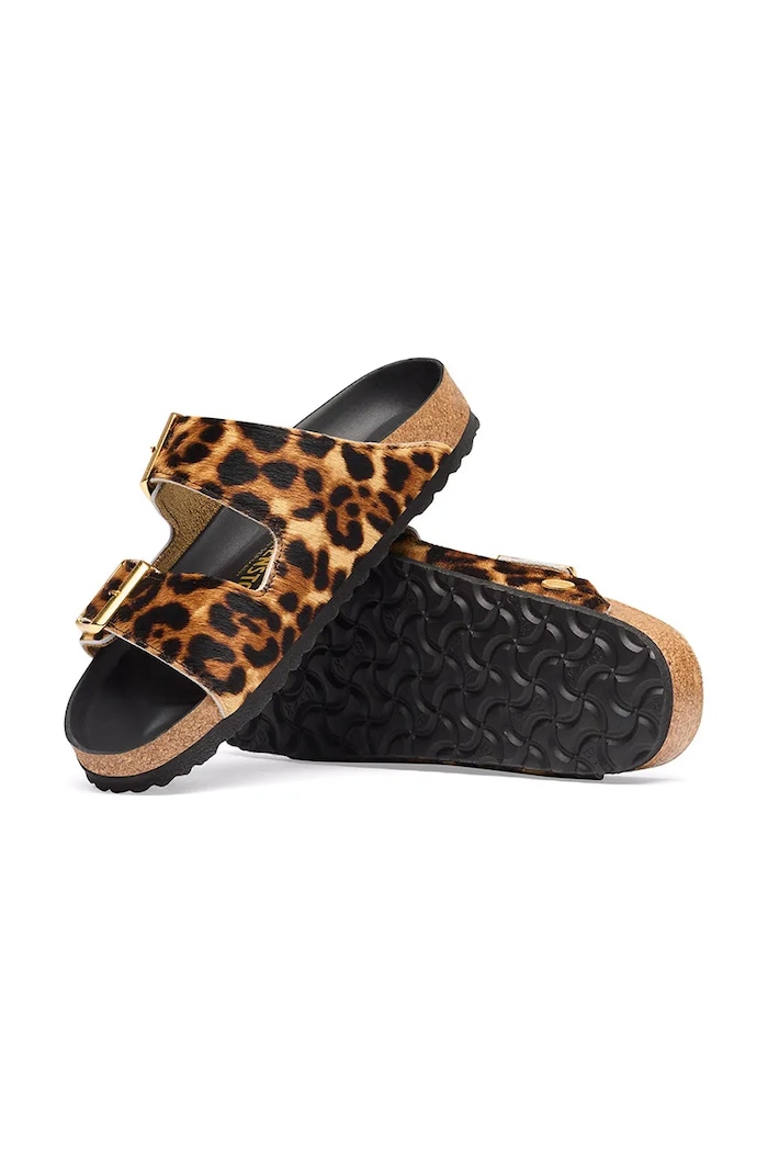 Birkenstock Arizona FUR Leo Natural HEX klapki na płaskim obcasie damskie skórzane brązowy 1032839