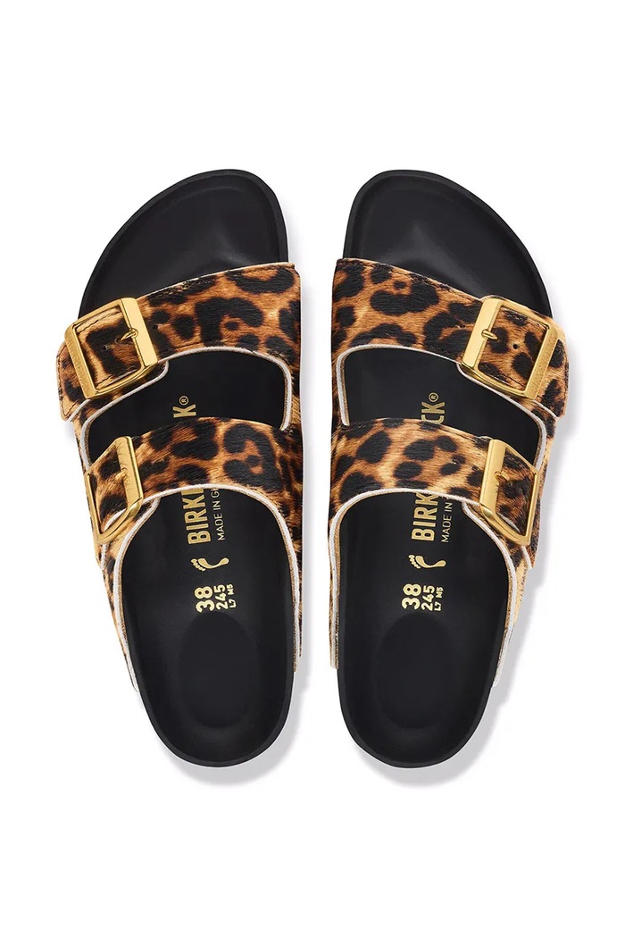 Birkenstock Arizona FUR Leo Natural HEX klapki na płaskim obcasie damskie skórzane 1032839 brązowy