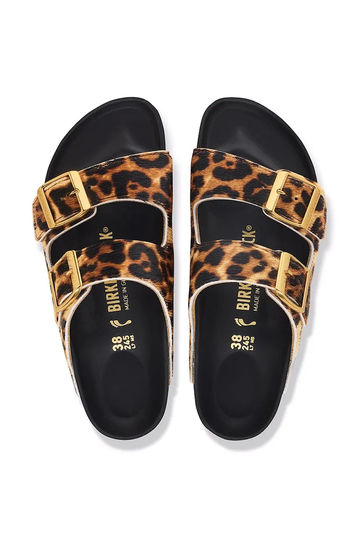 Birkenstock Arizona FUR Leo Natural HEX klapki na płaskim obcasie damskie skórzane 1032839 brązowy