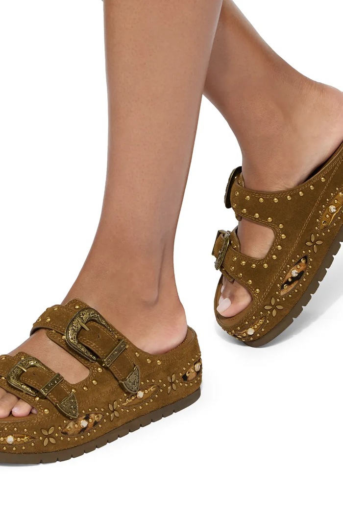 Kurt Geiger London klapki na platformie damskie zamszowe Western Buckle Flatform 5843730209 brązowy