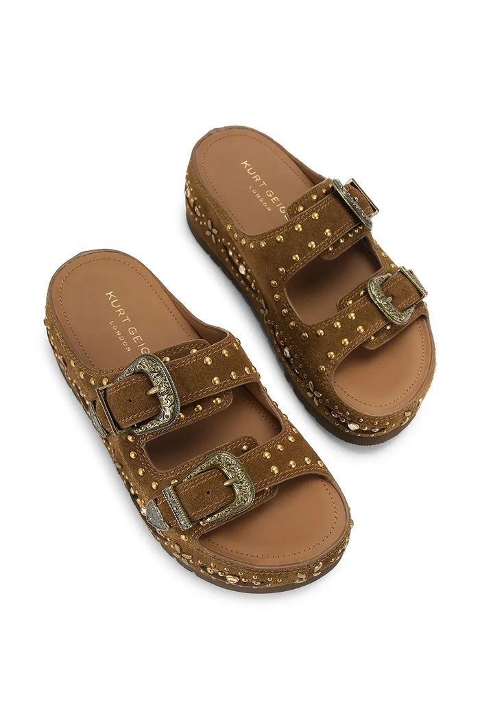 Kurt Geiger London klapki na platformie damskie zamszowe Western Buckle Flatform 5843730209 brązowy AW26