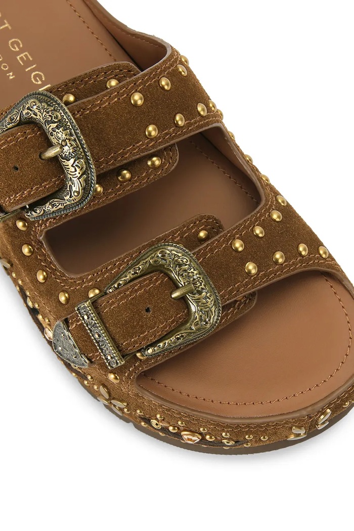 Obuwie Kurt Geiger London klapki na platformie damskie zamszowe Western Buckle Flatform 5843730209 brązowy