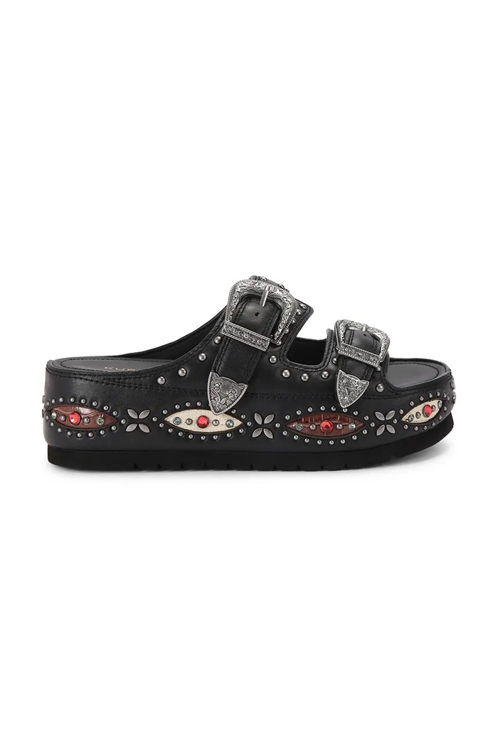 Kurt Geiger London klapki na platformie damskie skórzane Western Buckle Flatform czarny 5843700109