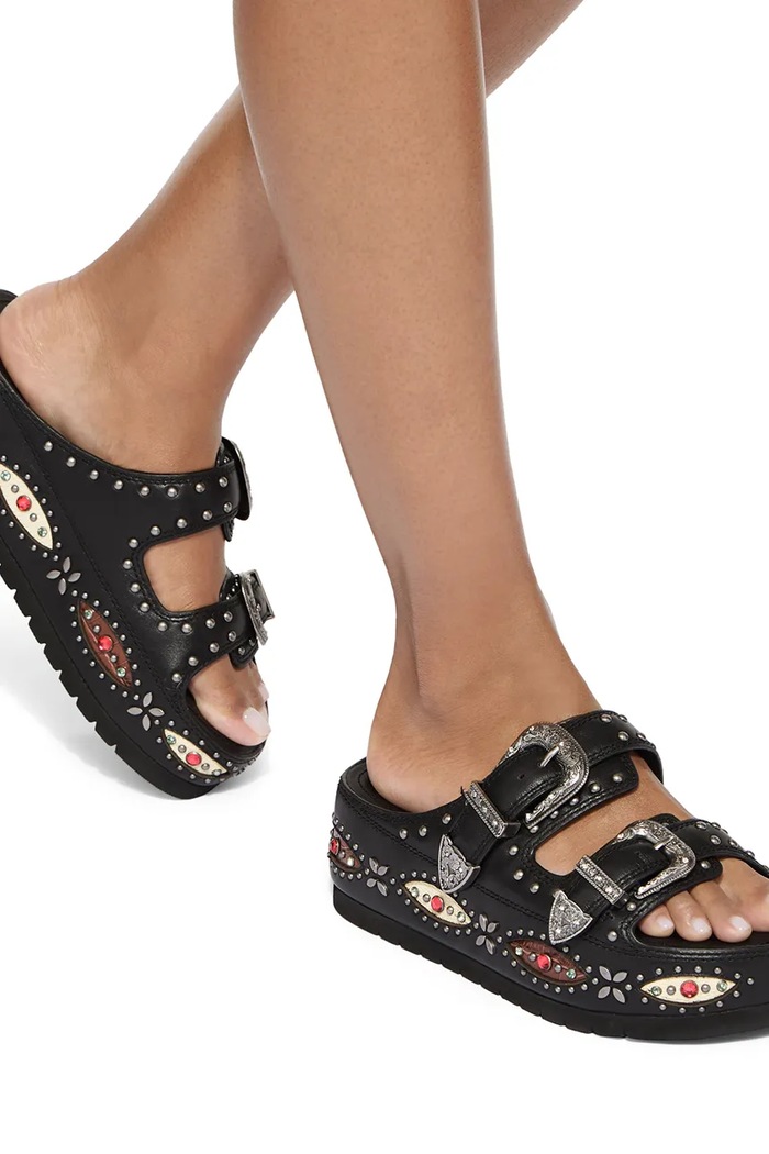 Kurt Geiger London klapki na platformie damskie skórzane Western Buckle Flatform 5843700109 czarny