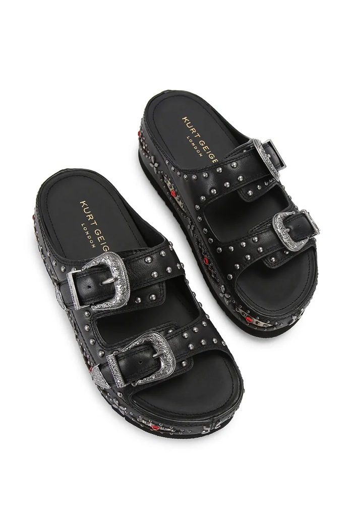 Kurt Geiger London klapki na platformie damskie skórzane Western Buckle Flatform 5843700109 czarny AW26