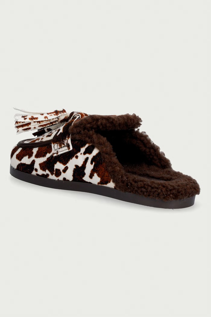 Obuwie Posa Kapcie damskie skórzane Ranch Tassel Mule Cow Print PW242.702 brązowy