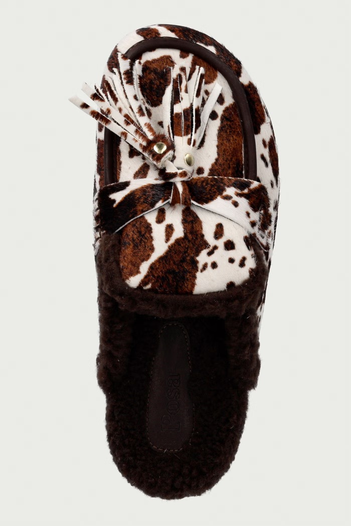 Kapcie damskie skórzane Ranch Tassel Mule Cow Print Posa PW242.702 brązowy
