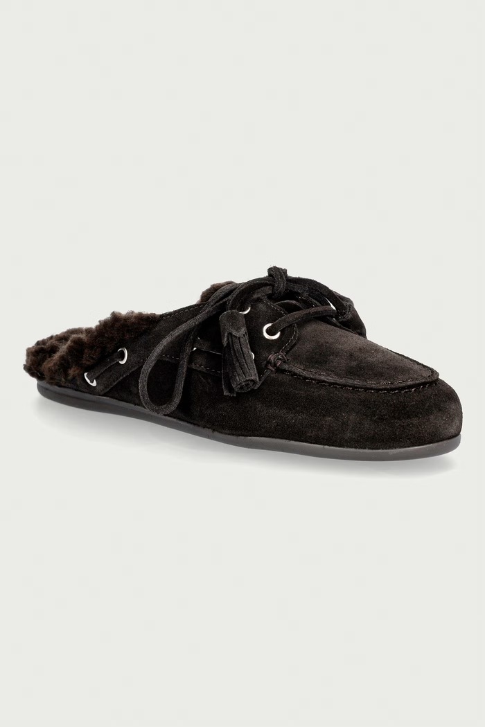 Posa ciabatte da donna in scamoscio Boat Loafer Mule marrone PW108.220