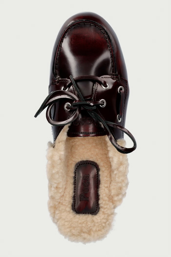 Papuci de casă pentru femei din piele Boat Loafer Mule Posa PW104.501 burgundia