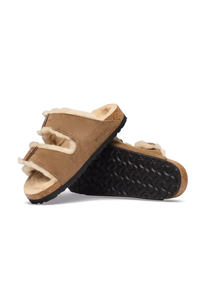 Birkenstock Klapki damskie zamszowe Arizona Shearling Suede Leather brązowy 1033169
