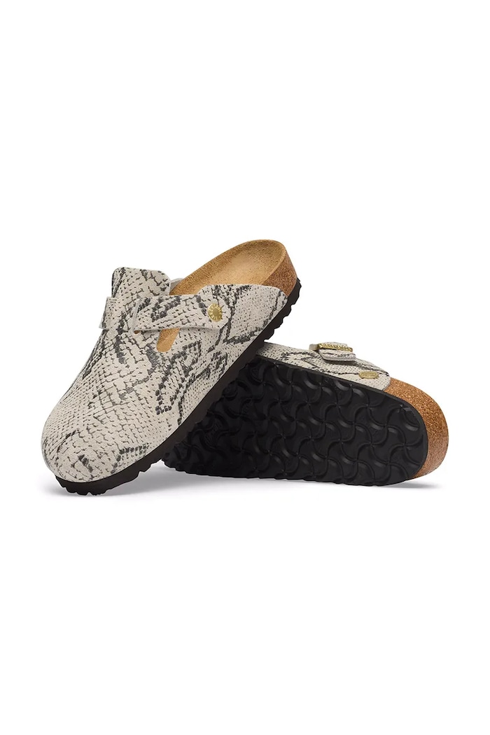 Birkenstock šľapky mules dámske semišové Boston Rivet Logo Suede Leather Snake béžová 1033086.