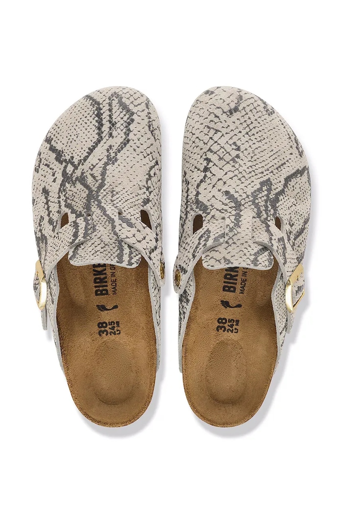 Birkenstock šľapky mules dámske semišové Boston Rivet Logo Suede Leather Snake 1033086. béžová