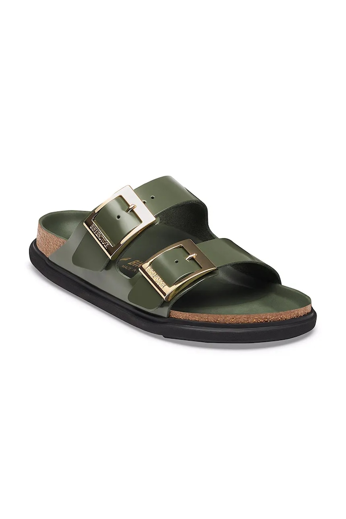 Birkenstock șalpi pentru femei din piele Arizona Droplet Buckle Natural Leather Patent 1032981 verde AW26