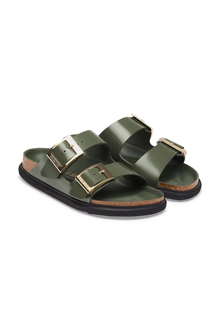Încălțăminte Birkenstock șalpi pentru femei din piele Arizona Droplet Buckle Natural Leather Patent 1032981 verde