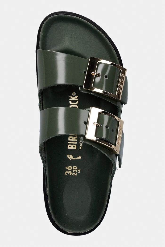 Birkenstock klapki damskie skórzane Arizona Droplet Buckle Natural Leather Patent zielony 1032981