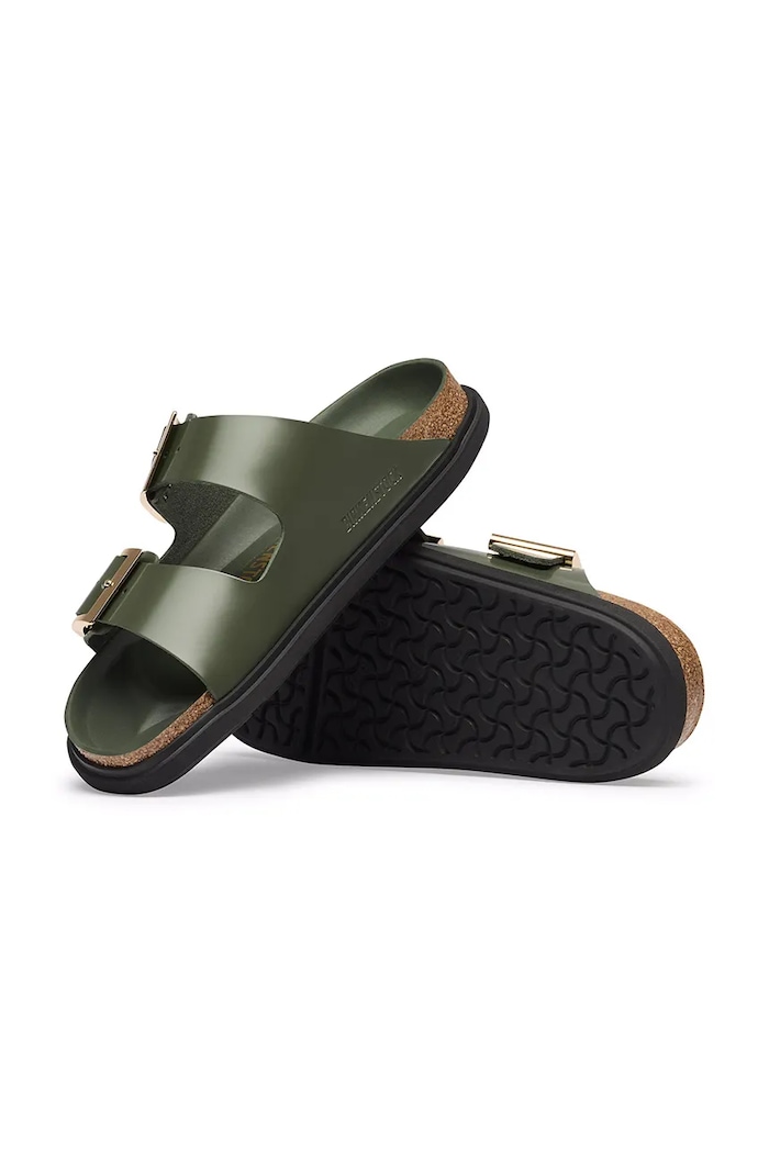 Birkenstock șalpi pentru femei din piele Arizona Droplet Buckle Natural Leather Patent verde 1032981