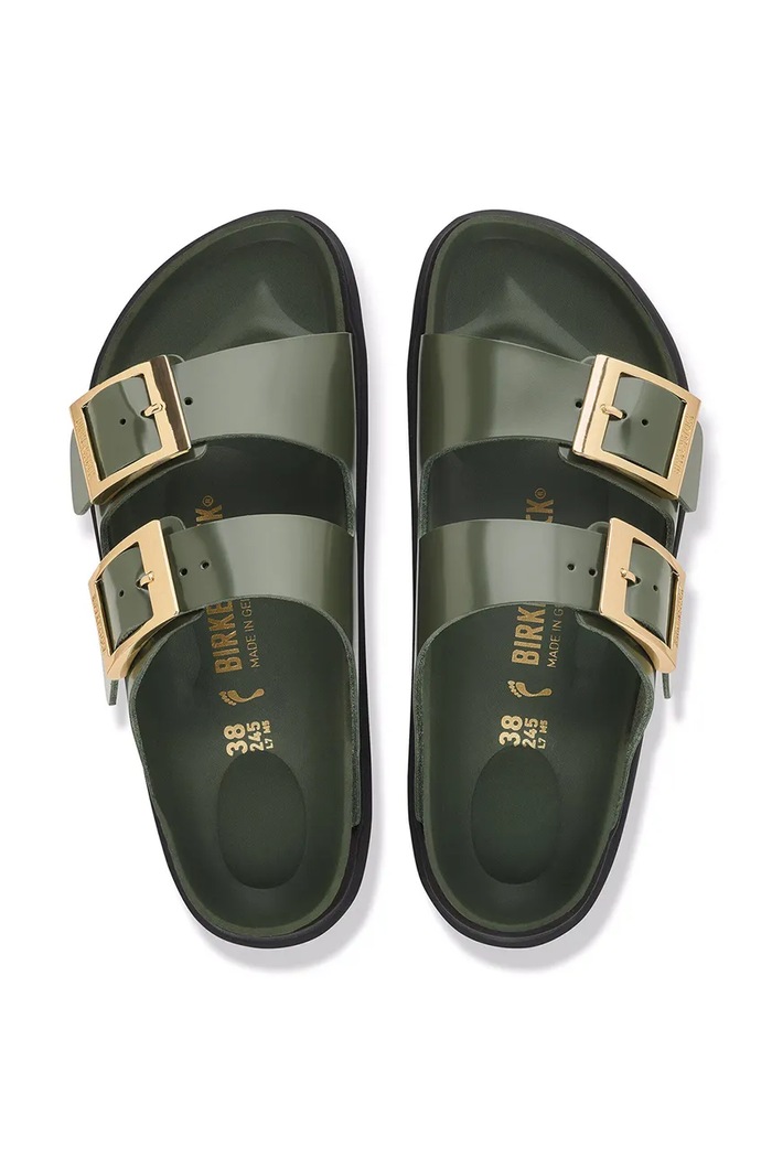 Birkenstock șalpi pentru femei din piele Arizona Droplet Buckle Natural Leather Patent 1032981 verde