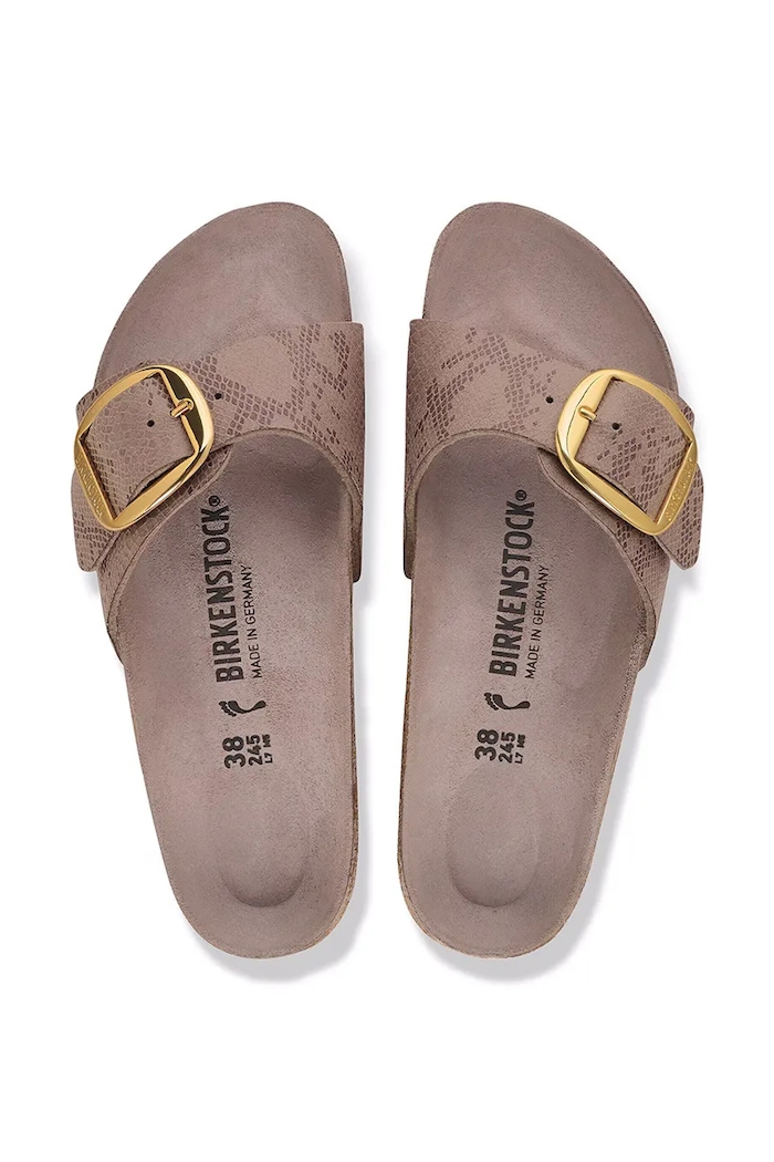 Birkenstock šľapky na plochom podpätku dámske Madrid Big Buckle Synthetics 1032935 béžová