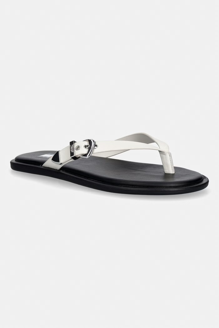 Tommy Jeans šľapky dámske kožené TJW FLAT LEATHER SANDALS béžová EN0EN03096