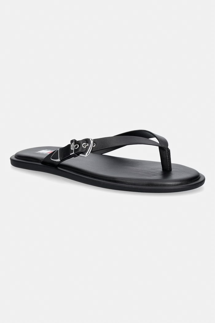 Tommy Jeans šľapky dámske kožené TJW FLAT LEATHER SANDALS čierna EN0EN03096