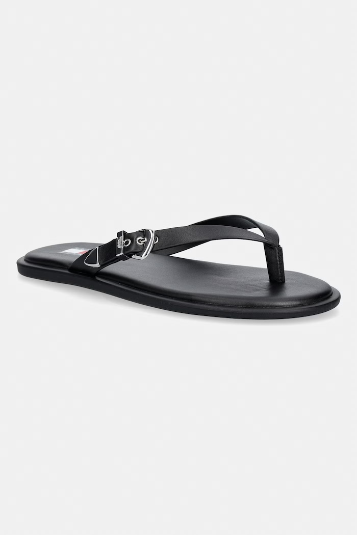 Tommy Jeans šľapky dámske kožené TJW FLAT LEATHER SANDALS čierna EN0EN03096